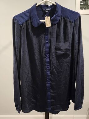 American Eagle Outfitters Navy Black  Button-Down Blouse with Contrast Collar